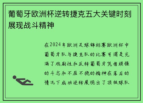 葡萄牙欧洲杯逆转捷克五大关键时刻展现战斗精神 葡萄牙欧洲杯逆转捷克五大关键时刻展现战斗精神